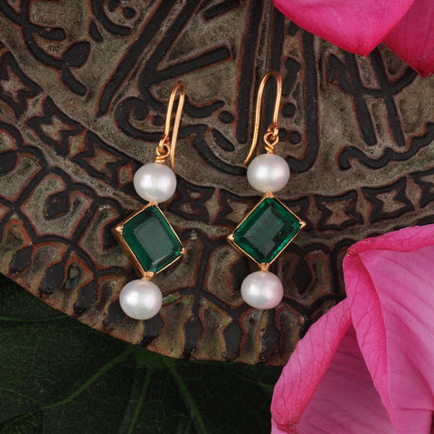 22K PEARLS AND DIAGONAL GREEN DOUBLET EARRING