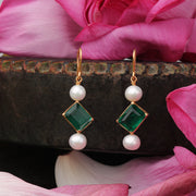 22K PEARLS AND DIAGONAL GREEN DOUBLET EARRING