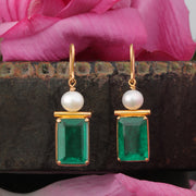 22K PEARL, SCROLL AND GREEN DOUBLET RECTANGLE EARRING
