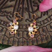 22K OVAL TOURMALINES AND PEARL FLOWER EARRING