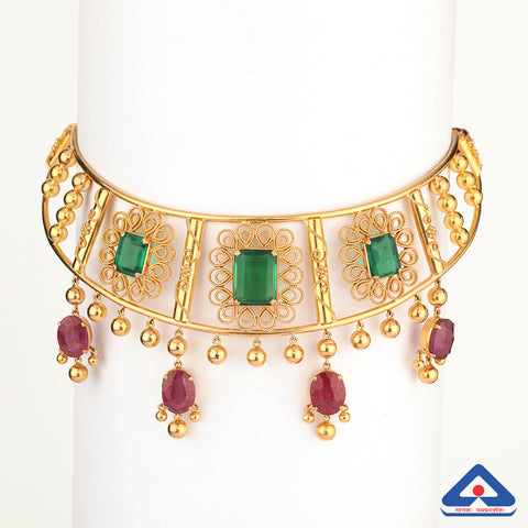 22KT Gold Choker Necklace With green quartz and Rubies