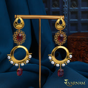 Pearls & Rubies Studded 22 Karat Gold Chandelier Earrings