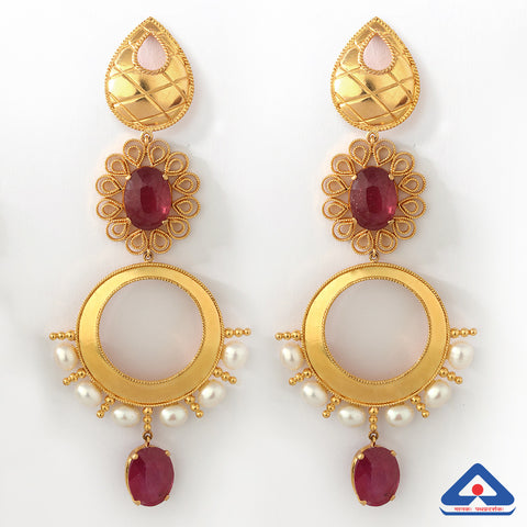 Pearls & Rubies Studded 22 Karat Gold Chandelier Earrings