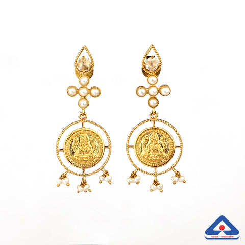 Rose Cut Diamonds and Pearls Studded 22KT Gold Temple Work Drop Earrings