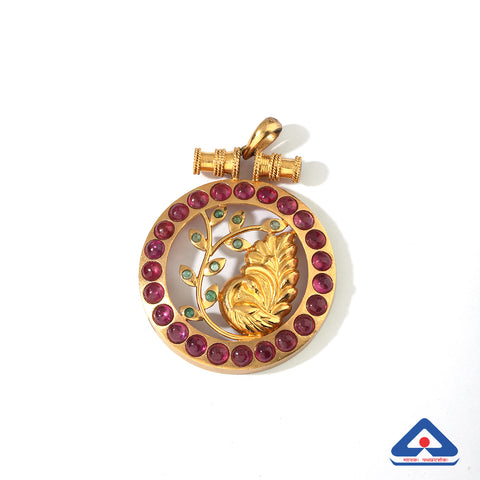 Ruby pota studded 22 karat gold pendant with peacock