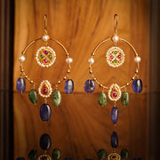 22K GOLD BALI WITH PEARLS,RUBY'S, EMERALD'S AND TANZANITE BEADS HANGING