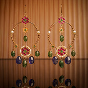 22K GOLD FLOWER BALI WITH PEARL,RUBY, EMERALD'S,TANZANITE BEADS HANGING