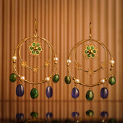 22K GOLD FLOWER CHAND BALI WITH PEARLS, EMERALD'S,&TANZANITE BEADS HANGING