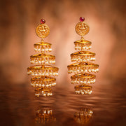 22K GOLD KASU, RUBY & 5 LAYER DISC JHUMKA EARRING WITH PEARLS HANGING