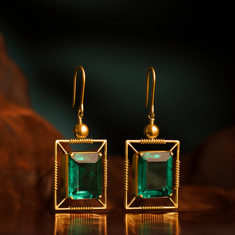 BEAD & RECTANGLE FRAME EARRING WITH GREEN QUARTZ DOUBLET