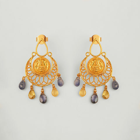 WIRE DROP, KASU AND FILIGREE MOON EARRING WITH BLUE & YELLOW TOURMALINE DROPS HANGING