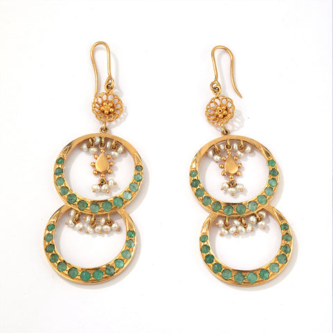 EMERALD STUDDED & PEARLS WITH 22 KARAT GOLD ROUND EARRING