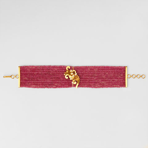 RUBY BEADS BRACELET WITH 22K GOLD FLORA PEARLS ON CENTER