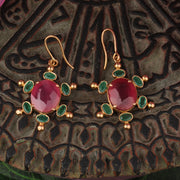 22K BEADS, OVAL EMERALDS AND RUBY FLOWER EARRING
