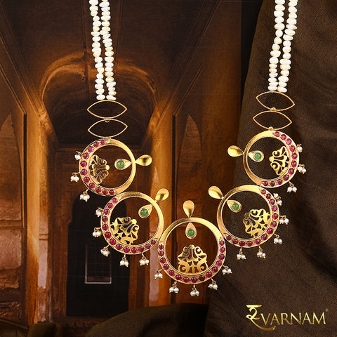 Keshi Pearls, Emerald, & Rubies Studded Jali Work 22 Karat Gold Necklace