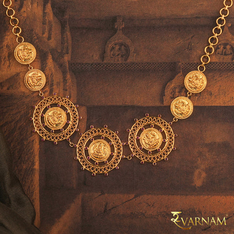Kasu & Jali Work Rubies Encrusted 22 Karat Gold Necklace